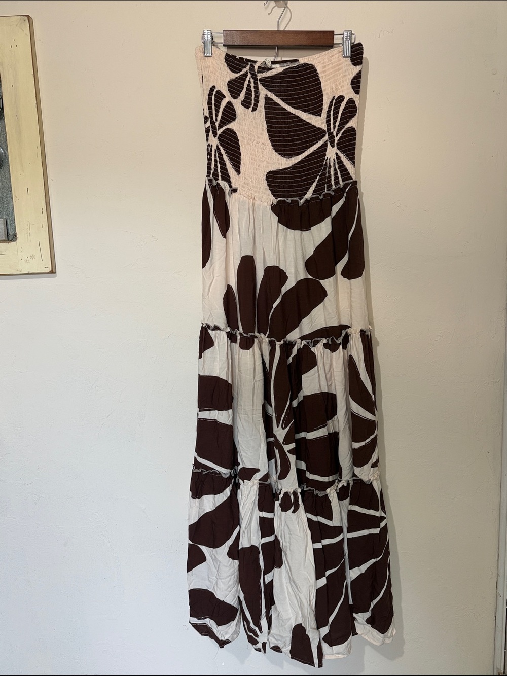 Smocked Strapless Maxi Dress in White with Brown Floral Print - Picture 3 of 5